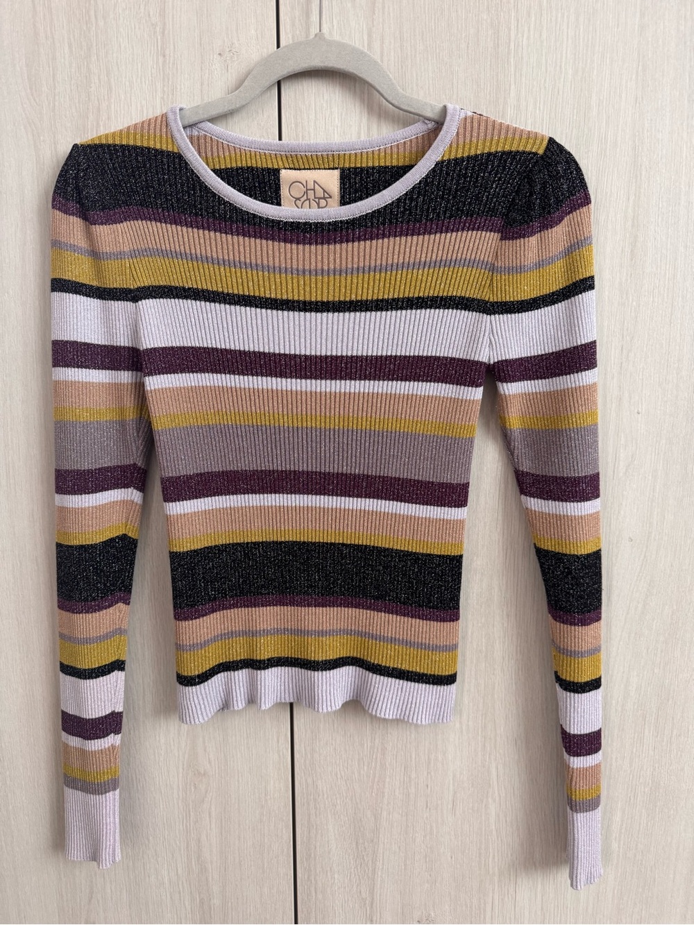 Chaser Striped Ribbed Cowlneck Sweater in Lavender, Mustard & Plum